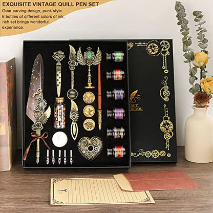 NC Quill Pen & Ink Set, Feather Calligraphy Pen, Wax Seal Stamp, Valentine's Day & Birthday Gift, Various Holiday Ideal Gift (Grey) - color: Grey