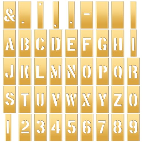 SHENLIU 45 Pcs 2 Inch Brass Stencils Letters and Numbers Set | Reusable Interlocking Letter Metal Stencils Curb Painting Kit with Symbol for Labeling Tools Equipment Boxes Signs DIY Craft