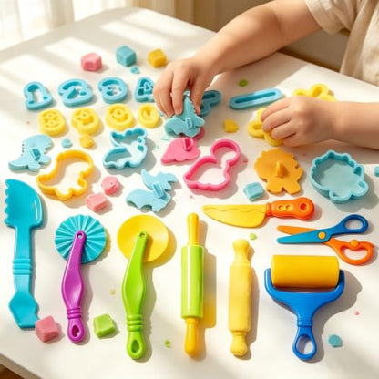 Dough Tools Sets for Kids Ages 3-8, 30 Pcs Playdough Tools Set Accessories Toys Includes Cutters Roller, Rolling Pins, Safety Scissors, Plastic Knife, Plastic Rollers - size: 30pcs