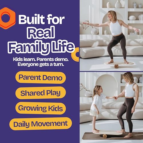 ComfyBumpy Balance Board for Kids with Cork Roller, 30" x 12" Wooden Balance Board, 4 Adjustable Levels, 400 lb Capacity, Progressive Balance Trainer for Kids, Parents & Family Play