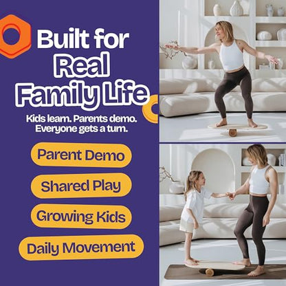 ComfyBumpy Balance Board for Kids with Cork Roller, 30" x 12" Wooden Balance Board, 4 Adjustable Levels, 400 lb Capacity, Progressive Balance Trainer for Kids, Parents & Family Play