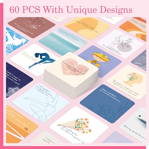 60 PCS Positive Affirmations Cards for Women, Daily Motivational Cards with Positive Messages, Double-Sided with Deep Reflections, Unique Designs on Each Card, Self-Care Gift for Her (4” x 4”)