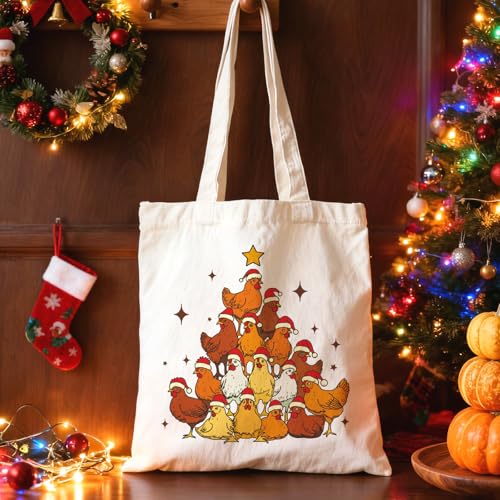 Kazova Merry Cluckin Tote Bag Funny Christmas Chicken Tote Bag for Women Xmas Holiday Canvas Handbag with Long Handles Reusable Grocery Shopping Beach Cotton Handbag - color: Cluckin