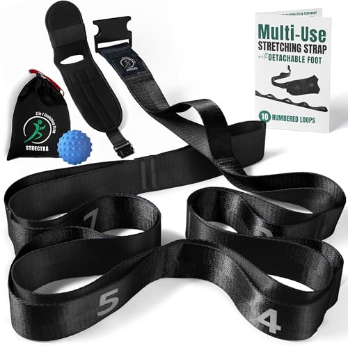 Stretch Strap with Loops Physical Therapy - Full Body Exercise Straps for Stretching with Detachable Foot - Leg & Calf Stretcher for Plantar Fasciitis, Physical Therapy, Pain Relief, and Flexibility - color: Black