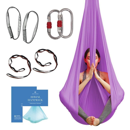 Aerial Yoga Hammock Swing, 4.5 Yards, Aerial Silks with Hardware | Knitted fabric with extension straps and a pose guide for aerial yoga, home gym and studio practice, suitable for all levels - color: Lavender, size: 4.5 yards
