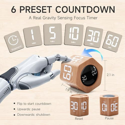 Productivity Cube Timer, 1/5/10/30/60 Min Presets, Wood Grain Finish | Gravity sensor, mute and vibration modes; ADHD-friendly desk timer for work, study, kitchen and back to school - color: Wood Grain