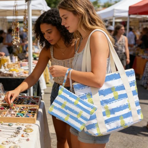 IAXIC Waterproof Tote Bag and Wet Bag Set, Summer Pattern Design for Beach Travel Gym Holiday Gifting - color: Blue Stripe Pineapple