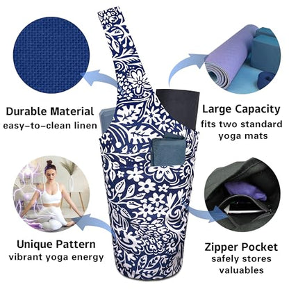 Yoga Mat Bag Carrier for Women with Side Large Pocket Durable Linen Workout Gym Travel Storage Pilates Mats - color: Chinoiserie