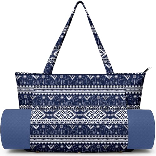 Yoga Bag for Women, Large Canvas Yoga Mat Tote Bag with Yoga Mat Carrier | Large Mat Pocket Fitness Tote for Pilates, Gym, Travel, Office & Beach - color: Blue Boho Elephant