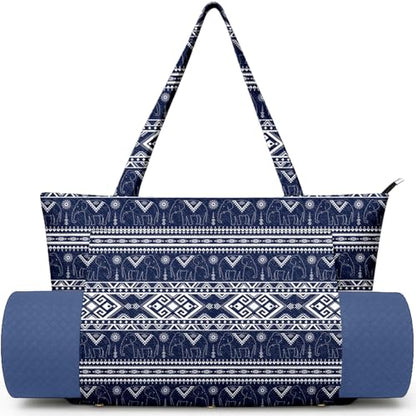 Yoga Bag for Women, Large Canvas Yoga Mat Tote Bag with Yoga Mat Carrier - color: Blue Boho Elephant