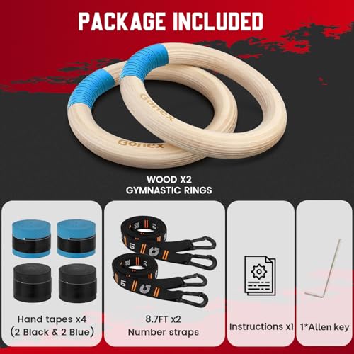 Gonex Wooden Gymnastic Rings with Adjustable Straps, 8.7 ft | Birch Wood Rings, Quick-adjust Carabiners Buckle Numbered Straps, Home Gym & Outdoor Training, Full-body Strength Workouts - style: 32mm Birch Wooden Ring & Carabiner Numbered Straps