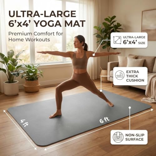 Large Yoga Mat 6'x 4'（72”x 48”）—1/4" &1/3" Extra Wide Exercise Mat 183cm x 122cm Large Exercise Mat Big Home Yoga Mat Pilates Mat,Non Slip,Thick,TPE Workout Mat,for Women & Men, Yoga, Pilates, Gym and Floor Workouts Pilates - color: Grey—6mm