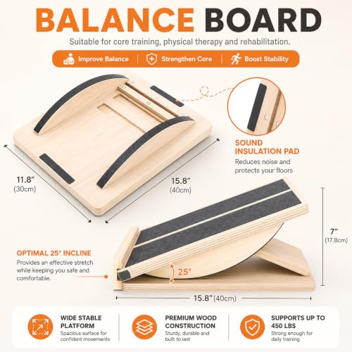 MUCITAGF 2-in-1 Professional Wooden Balance Board & Slant Board, 3 Angles | Adjustable Incline Board and Calf Stretcher, Stretch Board for Knees Ankle Heel Feet Leg, Anti-Slip, 450 lbs Capacity