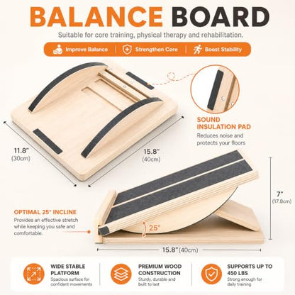 MUCITAGF 2-in-1 Professional Wooden Balance Board & Slant Board, 3 Angles | Adjustable Incline Board and Calf Stretcher, Stretch Board for Knees Ankle Heel Feet Leg, Anti-Slip, 450 lbs Capacity