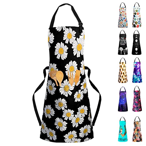 Adjustable Waterproof Apron Bib Apron with 2 Pockets Cooking Kitchen Aprons for Women Men Chef - color: Daisy Apron