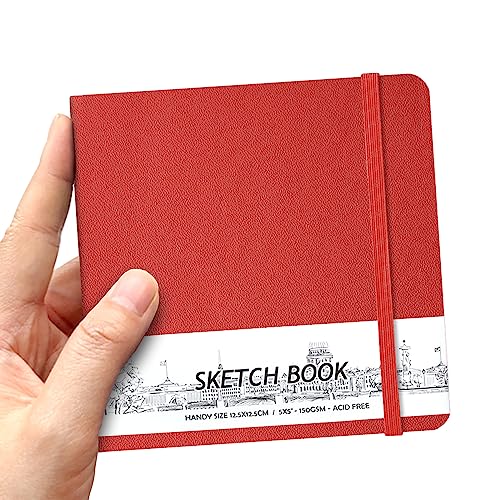 5" x 5" Hardcover Sketch Book,58 Sheets Small Mixed Media Pocket Sketch Pad | PU Cover,150 GSM Acid Free Artist Drawing Paper,Travel Journal Blank Notebook for Adults Sketching,Illustration.Red - color: 150gsm PU-red