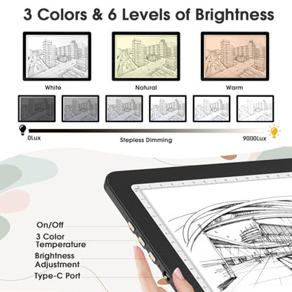 Rechargeable A4 Light Pad with Carry Bag, Super Bright Tracing Light Box with 6 Levels of Brightness, Side Physical Buttons & 3 Colors, Wireless Light Board for Diamond Painting, Drawing, Sketching - style: Rechargeable A4 with Bag (Black)