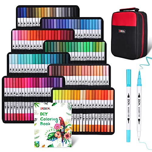 ZSCM 160 Colors Markers for Adult Coloring Books No Bleeding - Duo Tip Pens | Fine & Brush Coloring Marker for Adult Calligraphy, Illustration, Cards Drawing, Note taking Lettering, Journaling - color: 160 Colors