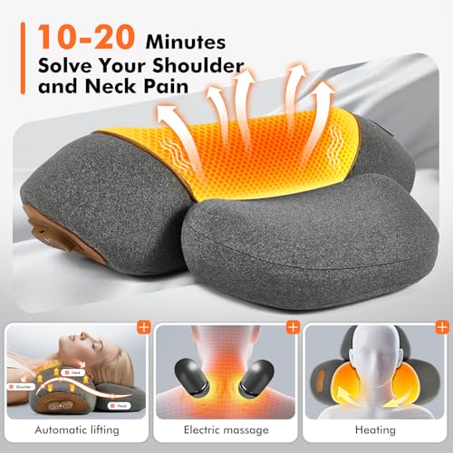 3-in-1 Neck Massager Pillow with Heating & Cervical Traction, Ergonomic Cervical Pillow for Neck Back Shoulder Pain Relief, Rechargeable Neck Pillow (Gray) - color: Gray