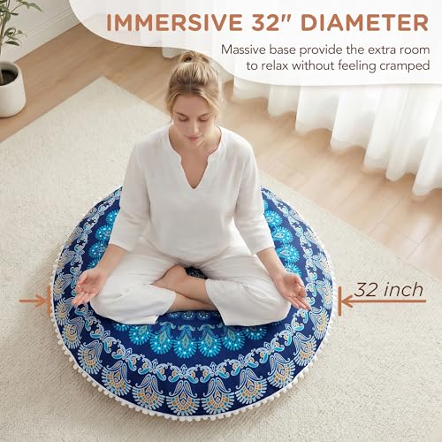 Codi 32-inch Floor Pillow, Large Meditation Cushions for Adults, Navy | Oversized round seating for yoga & zen, Supportive shredded memory foam filling, Removable machine washable boho cover - color: Round | Navy, size: 1 Count (Pack of 1)