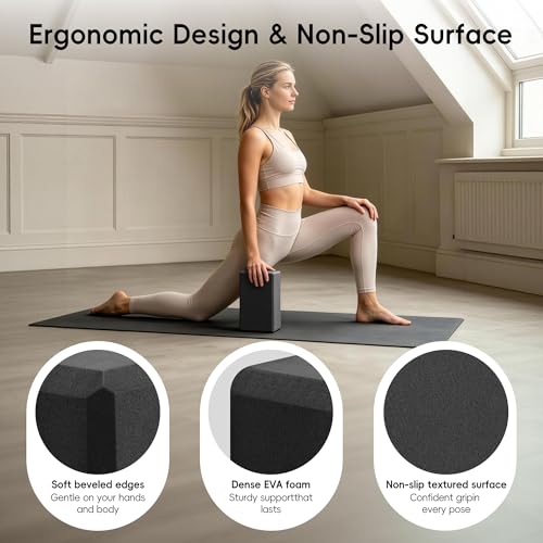 High Density EVA Yoga Blocks 2 Pack, 280g Pro-Level Exercise Brick (46-50 Shore C Firmness), Odor-Free & Non-Slip Foam Props for Yoga, Pilates & Stretching - color: black