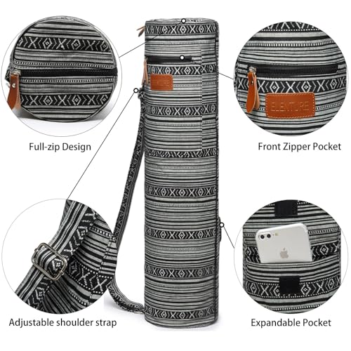 Yoga Mat Bag for Women & Men, Full-Zip Canvas Pilates Bag with Pockets | Lightweight Yoga Mat Carrier with Adjustable Shoulder Strap, Fits 1/4 & 1/3 Inch Thick Mats, for Studio Gym Travel Workout - color: Black and White