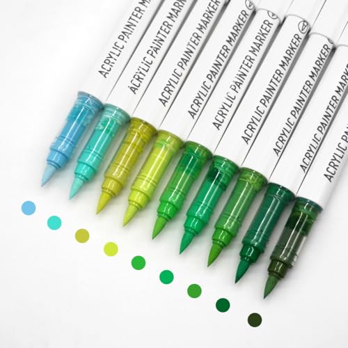 Water Based Acrylic Paint Markers, 9 Colors Paint Pen Set | Forest Green Series, Soft Brush Tip, Smooth Writing, Marker Pen for Rock Painting, Egg, Wood, Glass, Mugs, Black Paper - color: Forest Green