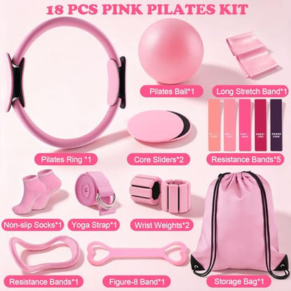 18PCS Home Pilates Kit Equipment for Women with 14'' Pilates Ring and Ball