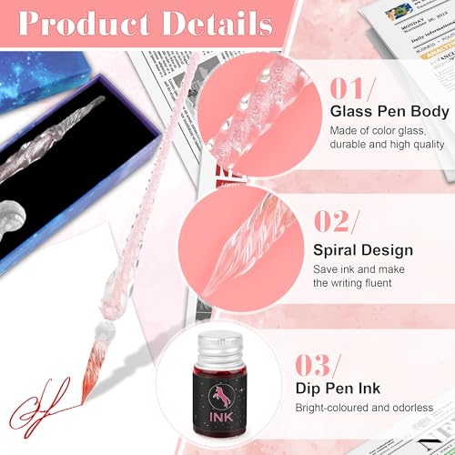 Luxiv Glass Dip Pen Set, Purple Crystal Pen With Ink, Holder, and Package - color: Pink, style: Basic