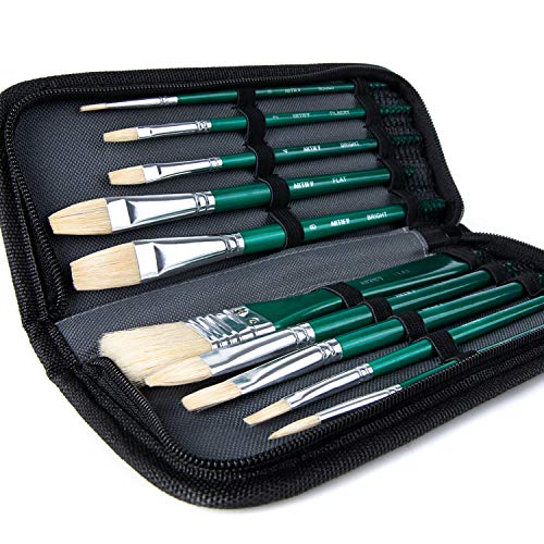 ARTIFY 10 Pieces Paint Brush Set, Intermediate Series, Includes a Carrying Case, Premium Hog Bristle Brushes for Acrylic and Oil Painting (Green - Hog Bristle) - color: Green - Hog Bristle