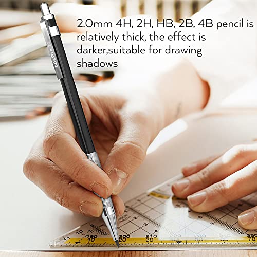 Nicpro 17PCS Metal 2mm Mechanical Pencil Set in Leather Case, 5 PCS 2.0 mm Lead Pencil Holders (4B 2B HB 2H 4H) 6 Tube Black Colored Lead Refills, Erasers, Sharpener For Art Drafting Sketching Drawing | Mechanical Pencil Pack, 5 PCS Lead Pencils, 6 Tubes