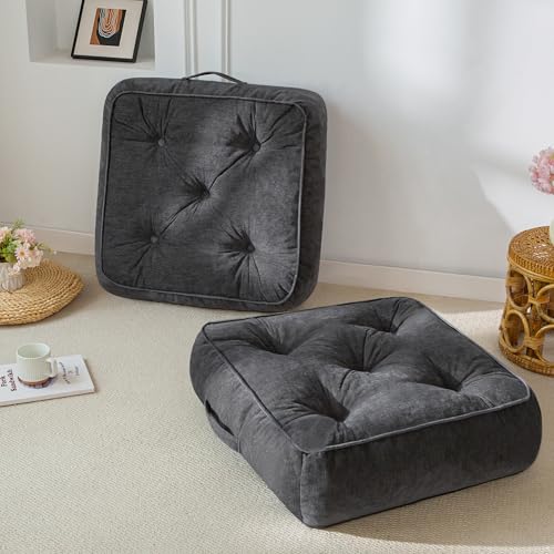 6" Extra Thick Floor Pillow Cushion for Adults, Meditation Cushion Pillow with Handle, Lustrous Chenille Tufted, Square Floor Sitting for Tatami Living Room or Yoga, 22x22 Inch, 2Pack, Dark Grey - color: Square Dark Grey, size: 6" Thick(Pack of 2)