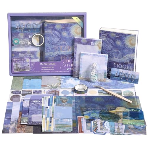 Van Gogh Scrapbook Photo Album Supplies Kit with Tweezers and Glue Tape, Aesthetic Vintage Junk Journal Scrapbooking Paper, Sticker Pack, Notebook Craft Supplies, DIY Gift for Adult Men (Oil Painting) - color: Oil Painting