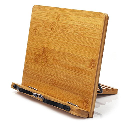 wishacc Bamboo Book Stand, Adjustable Book Holder Tray and Page Paper Clips-Cookbook Reading Desk Portable Stable Hard-Wearing Lightweight Bookstand-Textbooks Books - size: 11.0 x 8.1 inches