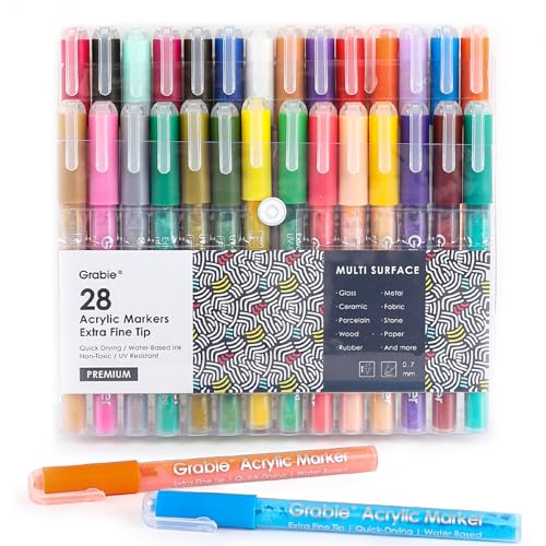 Grabie Pack of 28 Color Acrylic Paint Markers, 0.7mm Extra Fine Tip Pens | Precise Lines for Drawing, Great for Detail Painting, Works on Rock, Canvas , Glass & Paper, Water-Based Acrylic Ink - color: 28 Colors Extra Fine Tip Acrylic Markers