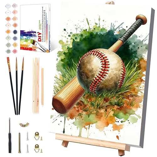 Baseball Paint by Numbers Kit for Kids with Framed Canvas - Wooden Easel | Ball Sports Paint by Numbers for Kids Ages 8-12, Acrylic Oil Painting Kits with Nice Gift Box for Wall Decor (12x8 inch) - color: BKH2204