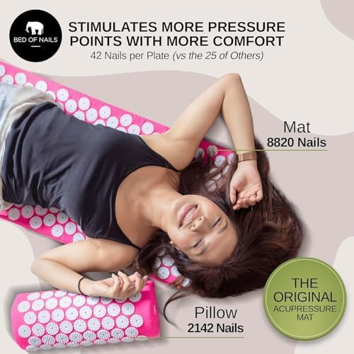 Bed of Nails Mat and Pillow Set – Original Bon Acupressure Design with 10962 Precision Nails, Mat: 28.5 x 16.5 x 1", Pillow: 14.5 x 6 x 4", Pink - color: Pink - Mat & Pillow Set