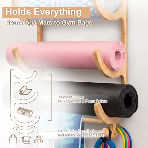 Upgraded 3 Tier Wooden Yoga Mat Rack Wall Mount with Bottom Hanging Bar