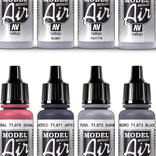 Vallejo Paints: Model Air Color Set - Metallic Effects - 16 Paint Colors - 18ml (.60oz) Bottles, Acrylics for Modeling & Miniatures, Opaque, Hobby