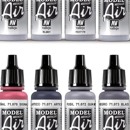 Vallejo Paints: Model Air Color Set - Metallic Effects - 16 Paint Colors - 18ml (.60oz) Bottles, Acrylics for Modeling & Miniatures, Opaque, Hobby