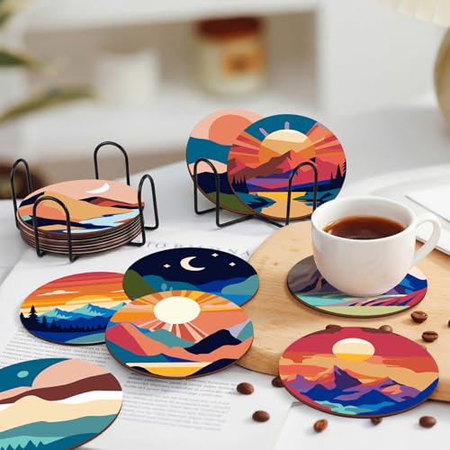Reallnaive 8 Pcs Mountain Paint by Numbers Kit for Adults Wooden Coasters | Mini Paint by Numbers, Tiny Landscape Round Oil Painting Drink Coaster with Holder, for Small DIY Craft Birthday Gift - style: Mountain