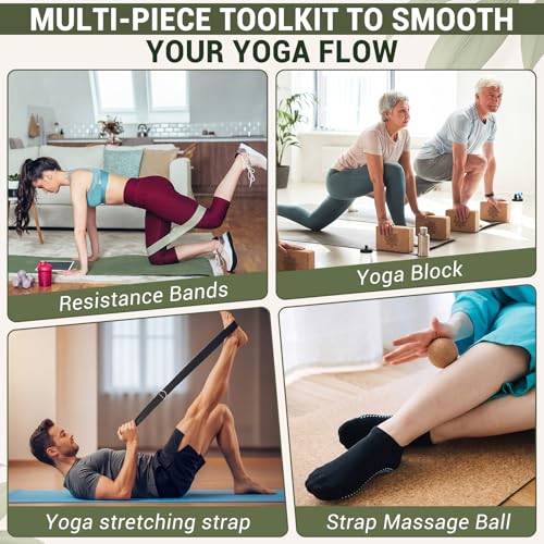Outus 2 Pcs Yoga Accessories Cork Yoga Blocks Set 2 Cork Fascia Balls 5 Gray Gradient Series Resistance Bands 2 Black Socks and Balck Stretching Strap for Women Pilates, Stretching and Toning