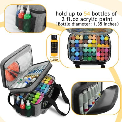 Acrylic Paint Organizer Bag, Holds 54 (2 oz) Bottles | Art Supply Storage Case with Handle and Shoulder Strap, Durable Fabric, Brush Pocket, Palette Board, Grey