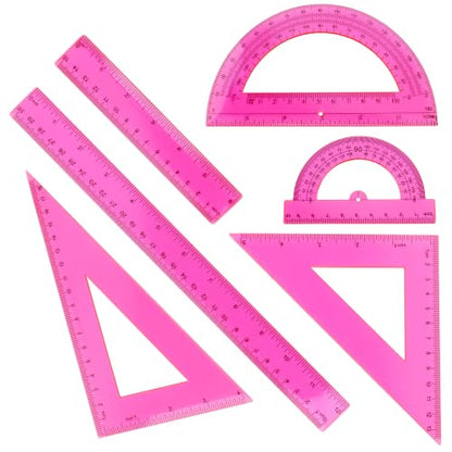Plastic Clear Ruler Math Set - 6'' 12'' Transparent Straight Ruler, 4'' 6'' Protractor, 30/60 & 45/90 Triangle Ruler,Geometry Math Measuring Tool for School Home Office Drawing Teachers Kids Hot Pink - color: Hot Pink