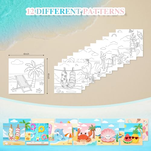 12 Packs Summer Pre Drawn Canvas to Paint, Ocean Pre Printed Canvas for Painting, Pre Stretched Canvas Outline Painting Boards for Beginners, Students, Party Favors 4 * 4inch - color: Summer