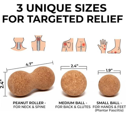 3 Pcs Cork Massage Ball Set, Physical Therapy Peanut Roller and Lacrosse Balls for Deep Tissue Muscle Release, Yoga Foot Fascia Exercise Equipment (4.7"*2.4", 2.4", 1.9")