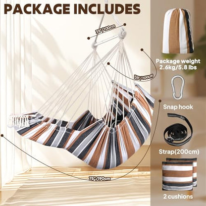 Chihee Hammock Chair Foot Rest 2 Cushions Max 485 lbs Metal Spreader Bar | Robust Hanging Chair Soft Cotton Blended Swing Collapsible Easy Storage Strong Strap Iron Carabiner Pocket Indoor Outdoor - color: Brown Stripes
