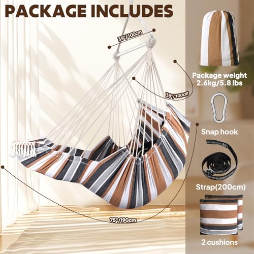Chihee Hammock Chair Foot Rest 2 Cushions Max 485 lbs Metal Spreader Bar | Robust Hanging Chair Soft Cotton Blended Swing Collapsible Easy Storage Strong Strap Iron Carabiner Pocket Indoor Outdoor - color: Brown Stripes