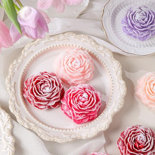 3 Pack Peony Silicone Candle Mold Flower Mold Resin Casting Molds with Large-Eye Wicking Needle,Candlewick for DIY Scented Candle, Soy Wax, Cake, Soap,Craft Making - color: 3PCS-Peony