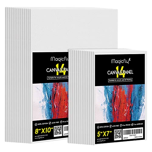 Magicfly Painting Canvas Panels, 5x7, 8x10, Set of 28 with Label Stickers, 100% Cotton Canvas Boards for Painting, Canvas with MDF Board Core, for Acrylic Paint, Oil Paint Dry & Wet Art Media, etc